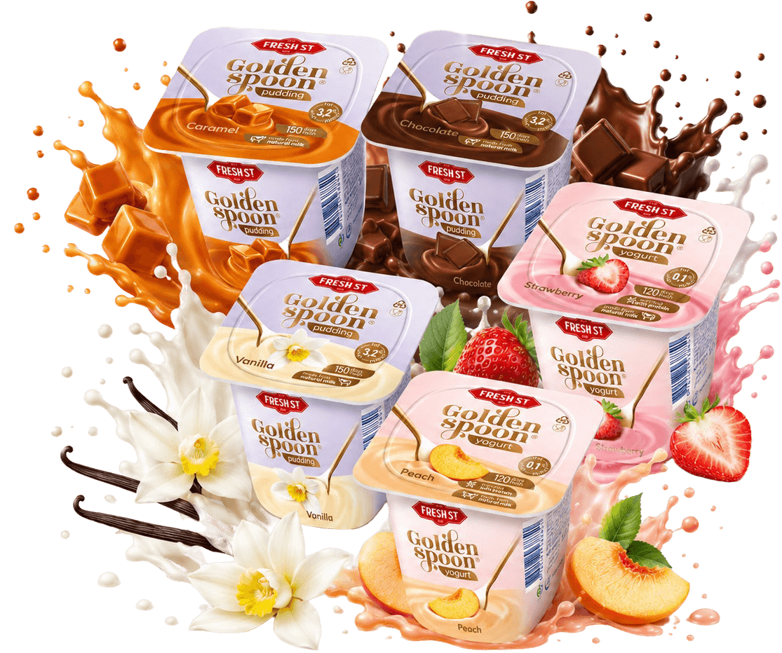 Golden Spoon range: strawberry, peach, vanilla, chocolate, and caramel
